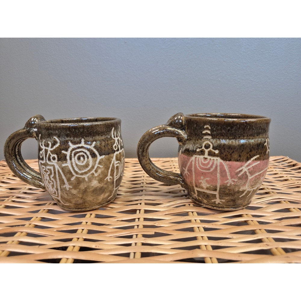 Pat & Olin Powers Pottery Mugs Set 2 Petroglyph His Hers Southwestern Art  Gift